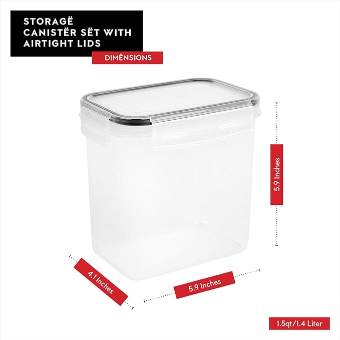 DWËLLZA KITCHEN Airtight Food Storage Container Set - 8 Pieces 1.4L - Plastic BPA Free Kitchen Pantry Storage Containers - Dishwasher Safe - Include 8 Labels - Keeps Food Fresh & Dry