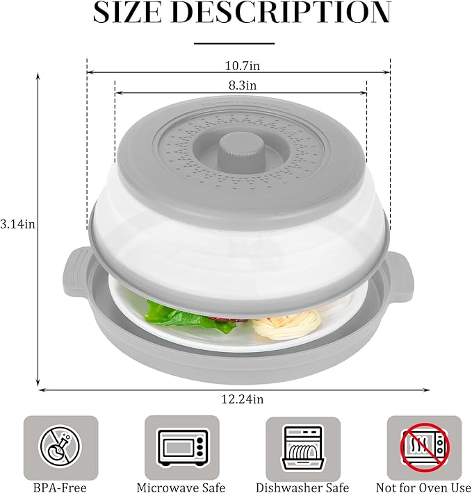 10.7 Inch Microwave Food Cover with Heat Insulation Mat, Anti-Scald Collapsible Microwave Splatter Cover, Multi-Functional as Colander & Fruit Plate, Dishwasher Safe, Ideal for Meal Prep (Gray)