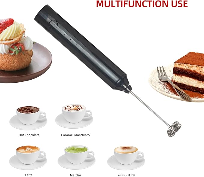 Milk Frother-Handheld Electric Whisk for Coffee, Latte, Matcha, and Hot Chocolate (Plastic body-Built in 1200mAh lithium battery, USB rechargeable) Drink Mixer Handheld, Lightweight & Portable