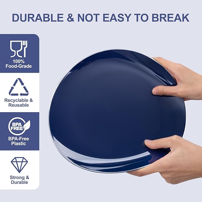 KIRE 200PCS Blue Plastic Plates with Silver Rim - Navy Blue Plastic Plates Include 100 Dinner & Dessert Plate - Heavy Duty Dark Blue Disposable Plate for Parties/Wedding
