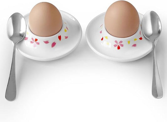 Cinf Ceramic Sakura Egg Holder Set of 2 Porcelain Holder With 2 Stainless Steels Egg Spoons Breakfast Boiled Cooking Easy to Clean Childhood Memories Kitchen