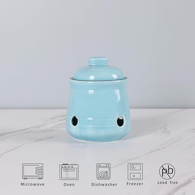 HAOTOP Ceramic Mini Garlic Keeper with Lid, Garlic Container Saver for Countertop, Keep Your Garlic Cloves Fresh (Turquoise)