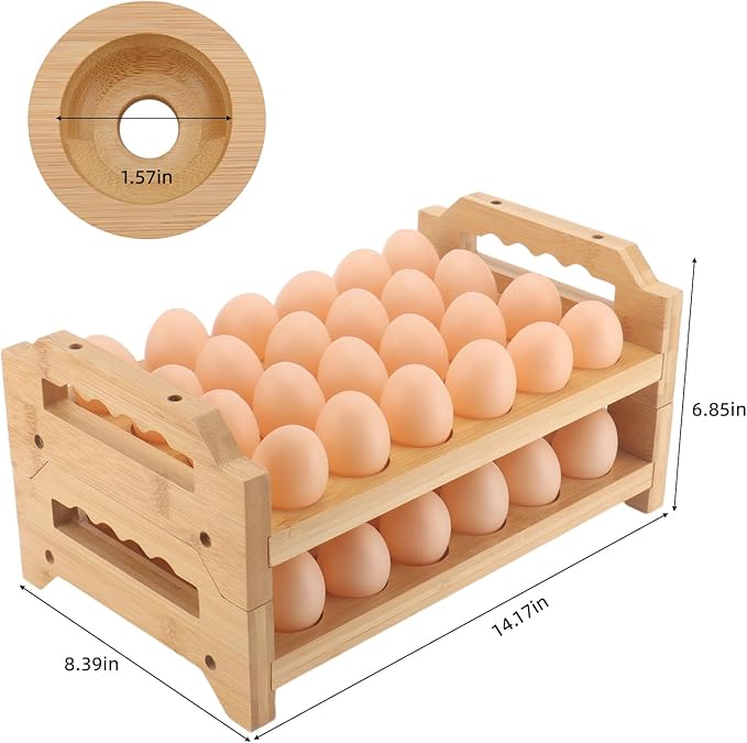 Egg Holder, 2 Tier Egg Holder Countertop, Bamboo Egg Organizer and Storage for Gathering 48 Fresh Eggs, Egg Stackable Stand Rack, Egg Basket for Kitchen Refrigerator Farmhouse