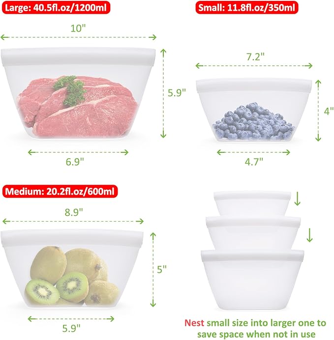 Silicone Bags for Food Storage, Reusable Zip Lock Silicone Food Storage Containers Stand Up Snack Bags, Freezer Microwave Oven Dishwasher Safe, Plastice BPA-Free 3 Pack(40oz 20oz 12oz)
