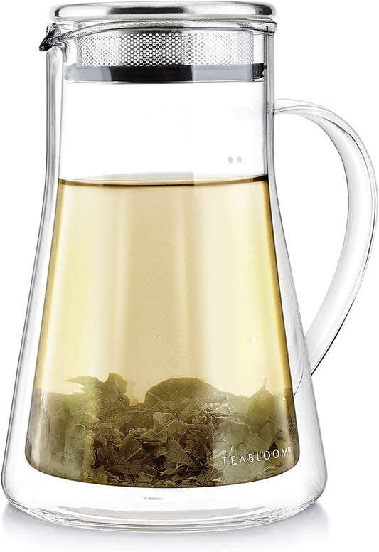 Teabloom Insulated Teapot Keeps Tea Hot – Tea Maker For Two (24 oz) – Double Wall Heatproof Glass Tea Steeper with Stainless Steel Filter Lid for Loose Leaf Tea