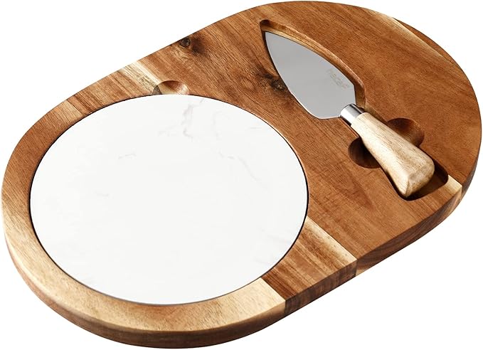 hecef Oval Wooden Cheese Board Set, Acacia Wood Cheese Serving Board with White Marble & Cheese Knife, Cheese Serving Tray for Cheese, Cake, Appetizers
