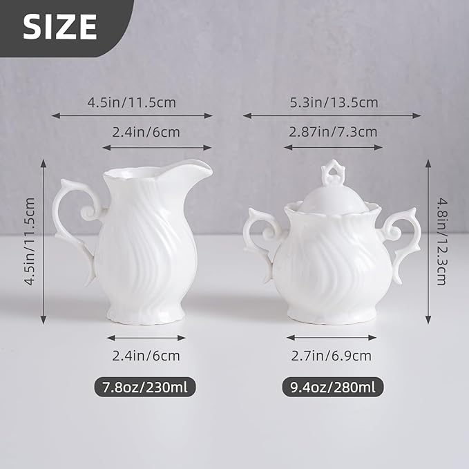 Sugar and Creamer Set Ceramic, Creamer Pitcher and Sugar Bowl with Lid, Creamer Pitcher with Handle,Sugar Cube Dish Coffee or Tea, White (white)