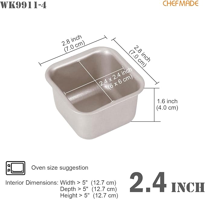 CHEFMADE Mini Brownie Cake Pan Set, 2.4-Inch 4Pcs Non-Stick Square Muffin Pan Blondie Bakeware for Oven and Instant Pot Baking (Champagne Gold)