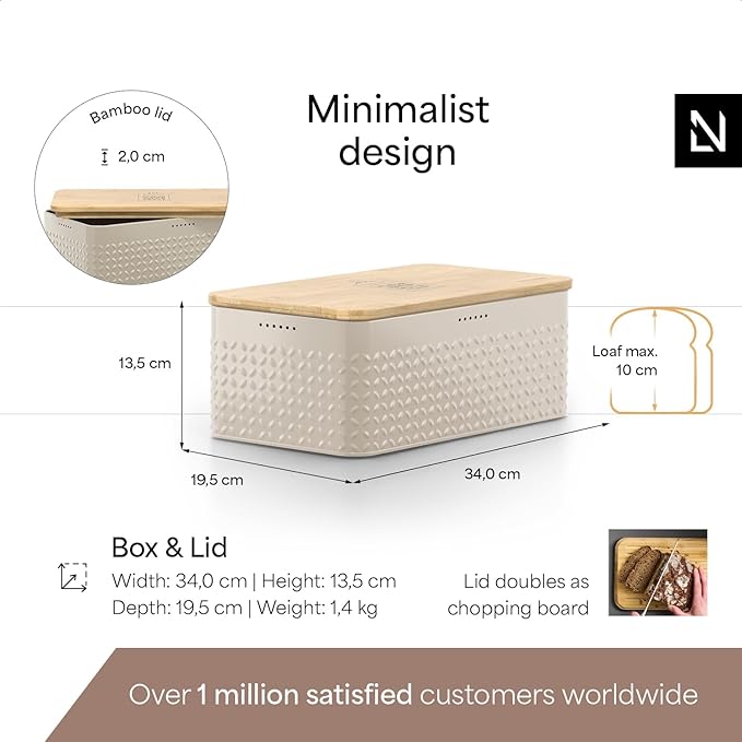 LARS NYSØM Bread Box I Metal Box with linen bag for long lasting freshness I Bread Bin with bamboo lid usable as cutting board I 13.4x7.3x5.3In (Taupe Brown)