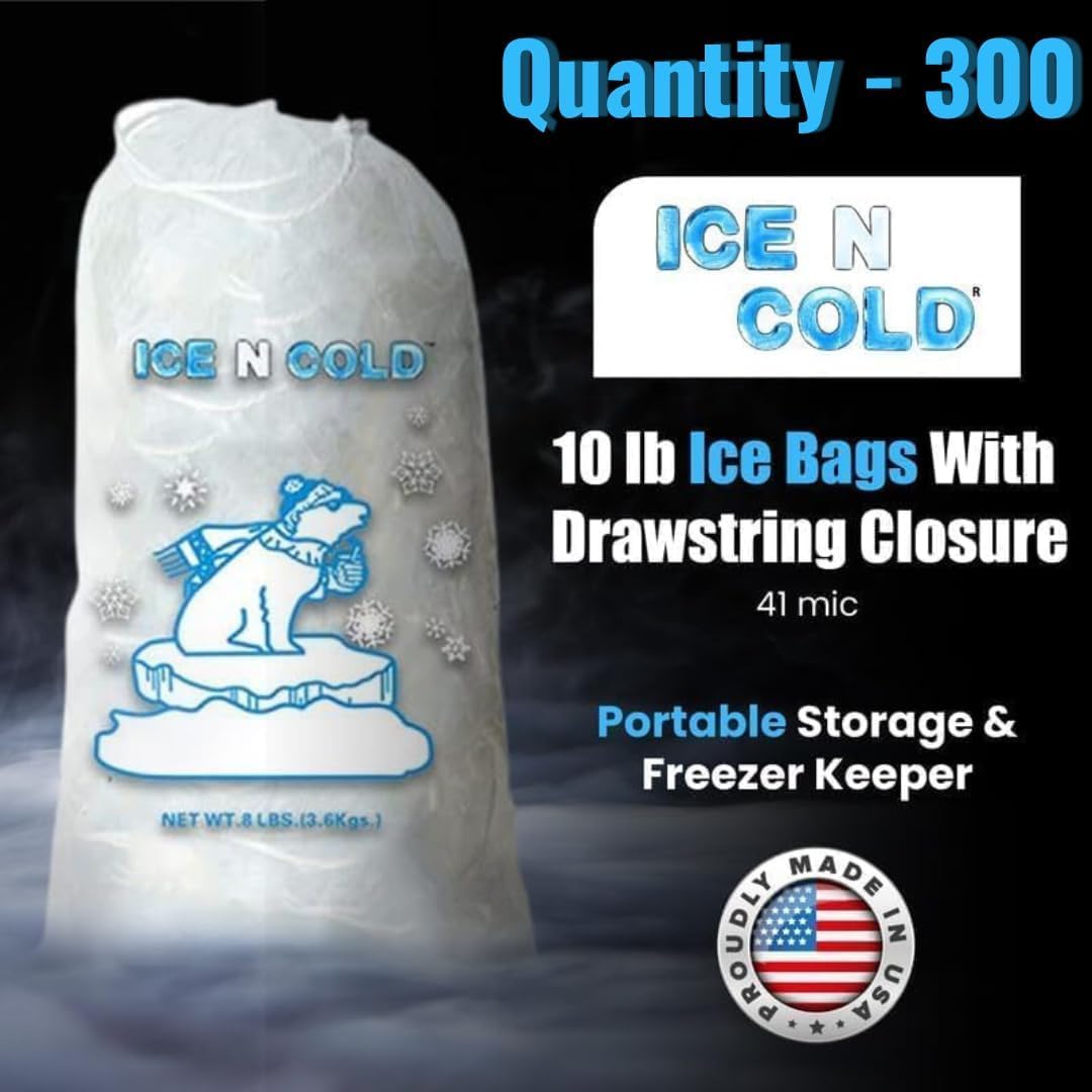 Ice Bags with Drawstring Closure | 10lb, 300ct/cs | 41 mic Thickness | Portable Storage and Freezer Keeper