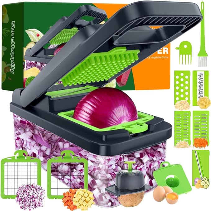 12-in-1 Vegetable Chopper, 7 Blades Veggie Chopper with Container and Lid, Dicer, Slicer, Multifunctional Kitchen Gadgets, Vegetable Cutter with Handle, Onion Cutter(Green/Grey)