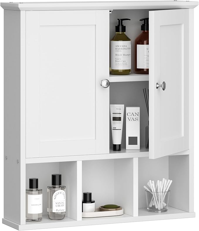 Shintenchi Bathroom Wall Cabinet with Door, Storage Organizer Over The Toilet Medicine, Space Saving with Adjustable & Open Shelf, Solid White