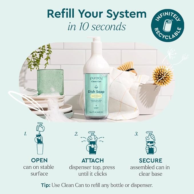 Puracy Natural Dish Soap Clean Can Refill Packs- Plant-Based Dishwashing Soap, Non-Toxic Dish Soap, Natural Liquid Dishwashing Detergent Soap As Seen on TikTok (Organic Lemongrass, 14.4 fl oz, 3 Pack)