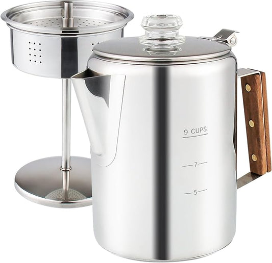 Percolator Coffee Pot Using on Induction Cooker & Campfire Stove, Stainless Steel Camping Coffee Pot Coffee Maker with Tempered Borosilicate Glass Knob Top NO Aluminum NO Plastic 9 Cup