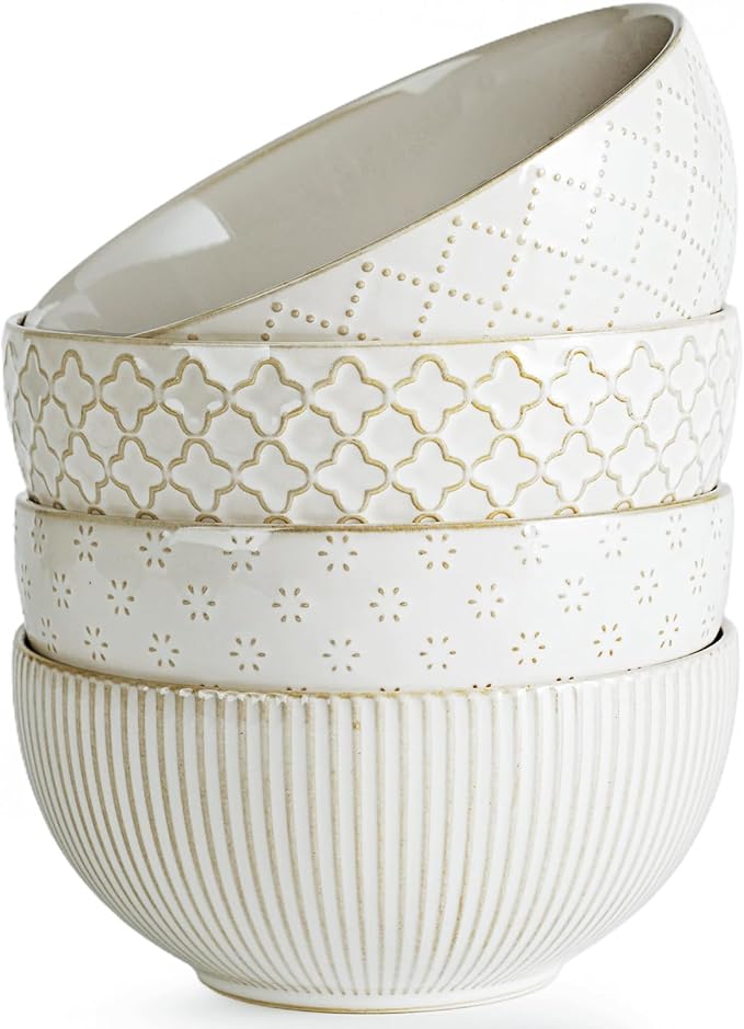 getstar Ceramic Soup Bowls, Cereal Bowl Set of 4 with Assorted Embossment (6.1 inch & 30 oz), Farmhouse Vintage Color Bowls for Kitchen