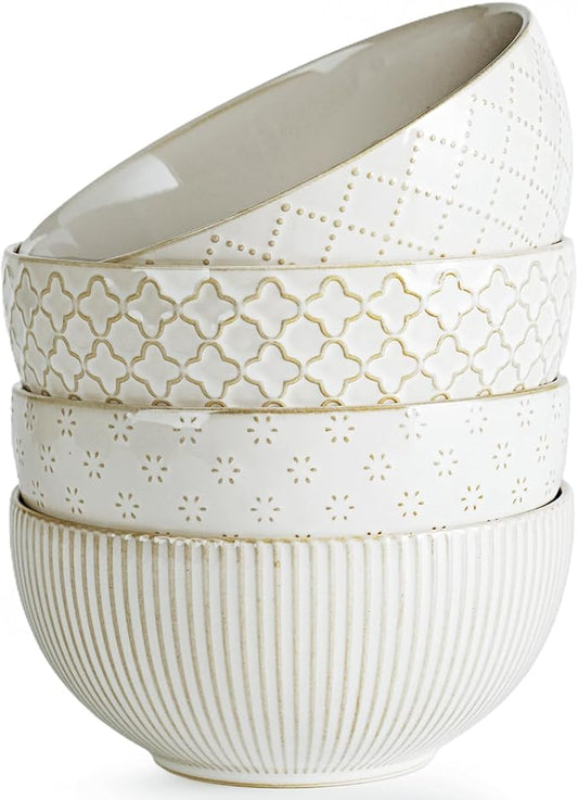 getstar Ceramic Soup Bowls, Cereal Bowl Set of 4 with Assorted Embossment (6.1 inch & 30 oz), Farmhouse Vintage Color Bowls for Kitchen