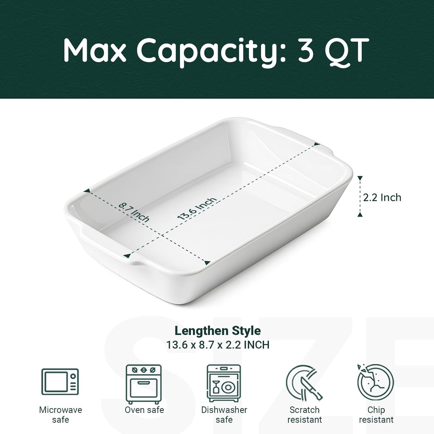 Casserole Dish with Roasting Racks, 3 QT Baking Dish with Handles, White Bakeware, Ceramic Baking Pan, Microwave Oven Safe, Dinner, Wedding (13.6"*8.7")