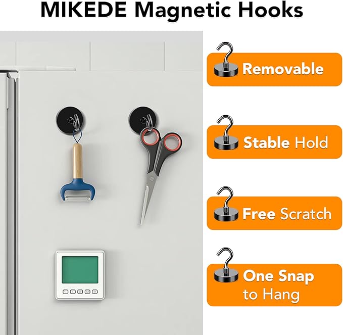 MIKEDE Black Magnetic Hooks, 80Lbs Heavy Duty Earth Magnets with Hooks for Cruise Cabin, Strong Magnet Hooks for Hanging, Super Metal Magnetic Hanger for Grill, Fridge, Kitchen - Pack of 10