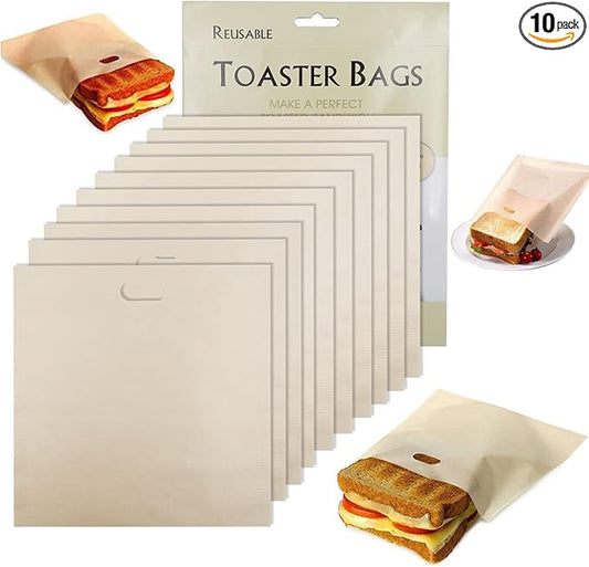 Toaster Bags Reusable for Grilled Cheese Sandwiches | Safest On The Market - 100% BPA & Gluten Free | Non Stick Toast Bag (10PCS)