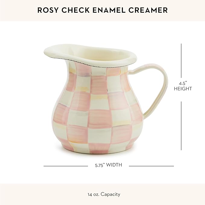 MACKENZIE-CHILDS Enamel Creamer, Creamer Dispenser with Pour Spout, Kitchen Enamelware, Pink-and-White Rosy Check