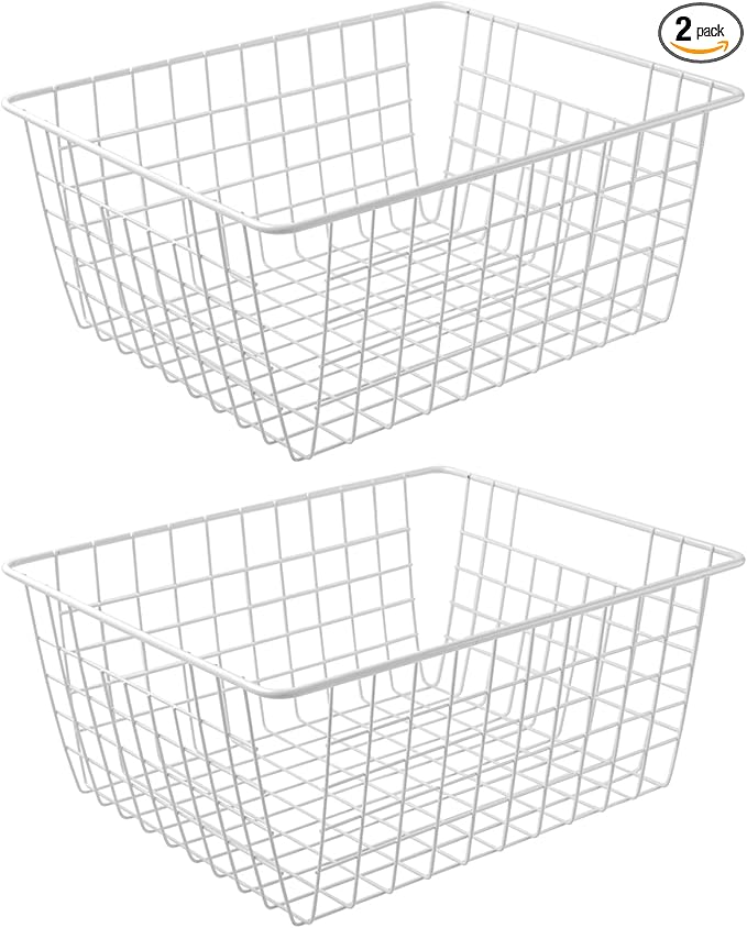 14" Upright Freezer Storage Baskets, Large White Wire Storage Bins Bakset for Freezer, Pantry, Bathroom Organizing, Set of 2