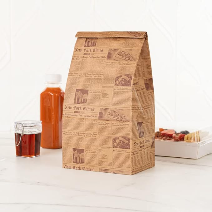 Restaurantware Bag Tek 8 Lb Disposable Lunch Bags 100 Sturdy Take Out Bags - Flat Bottom Microwavable Kraft Newsprint Design Paper Bags Freezable Great For Restaurants Cafes And Bakeries