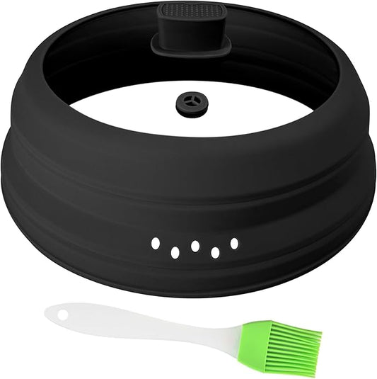 Microwave Splatter Cover Glass Microwave Cover for Food Collapsible Splatter Guard Lid with Silicone Handle for Pot Plate Bowl 9.8 Inch Black