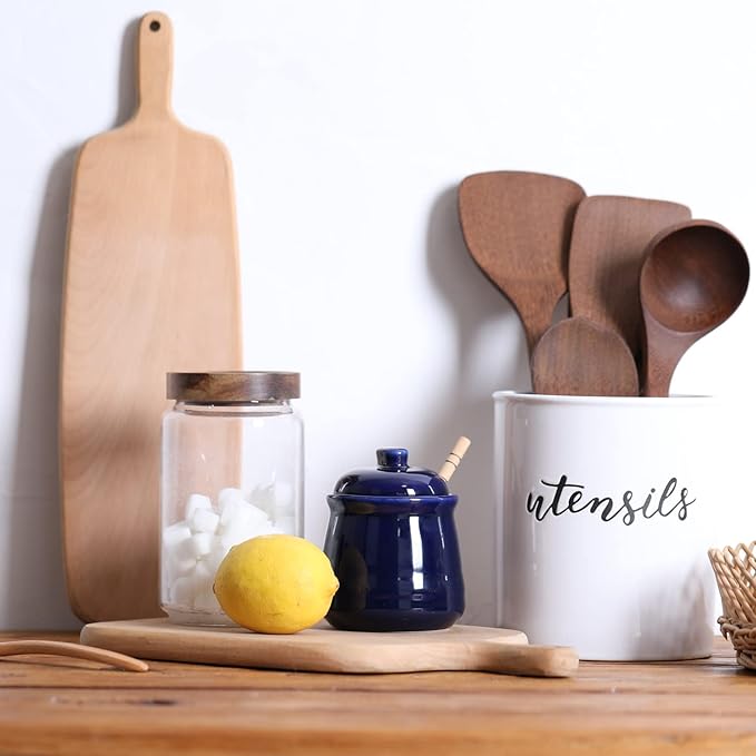 LEETOYI Porcelain Honey Jar with Lid and Dipper,Ceramic Honey pot,12oz (Navy)