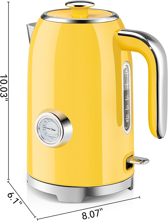 SUSTEAS Electric Kettle - 57oz Hot Tea Kettle Water Boiler with Thermometer, 1500W Fast Heating Stainless Steel Tea Pot, Cordless with LED Indicator, Auto Shut-Off & Boil Dry Protection, Retro Yellow