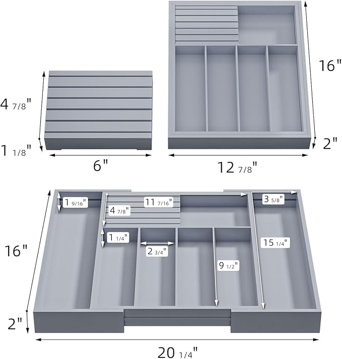Large Utensil Drawer Organizer with Divider - Removable Kitchen Knife Holder Bamboo Adjustable Flatware Organizer for Drawer W12.8-20.2" x L16 x H2 (Grey)