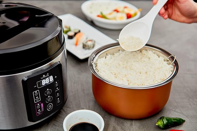Yum Asia Kumo YumCarb Rice Cooker with Ceramic Bowl and Advanced Fuzzy Logic, (5.5 Cups, 1 Litre), 5 Rice Cooking Functions, 3 Multicooker Functions, 110V US Power (Light Stainless Steel)