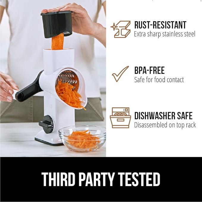 GORILLA GRIP BPA-Free Rotary Cheese Grater Hand Crank, Easy to Set Up, Strong Suction Base for Kitchen Countertop, Shred Potato, Vegetable, Nuts in Seconds, Round Mandoline Slicer, 3 Blades, White
