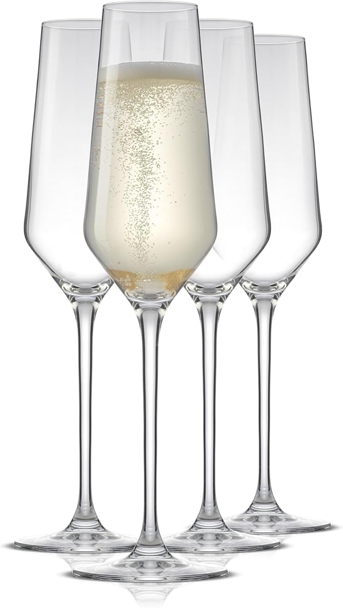 JoyJolt Champagne Glasses Layla Collection, Set of 4 – 6.7 oz Elegant Crystal Stemmed Champagne Flutes for Prosecco, Sparkling Wine, Mimosas, Cocktails, Weddings, Anniversaries, Parties