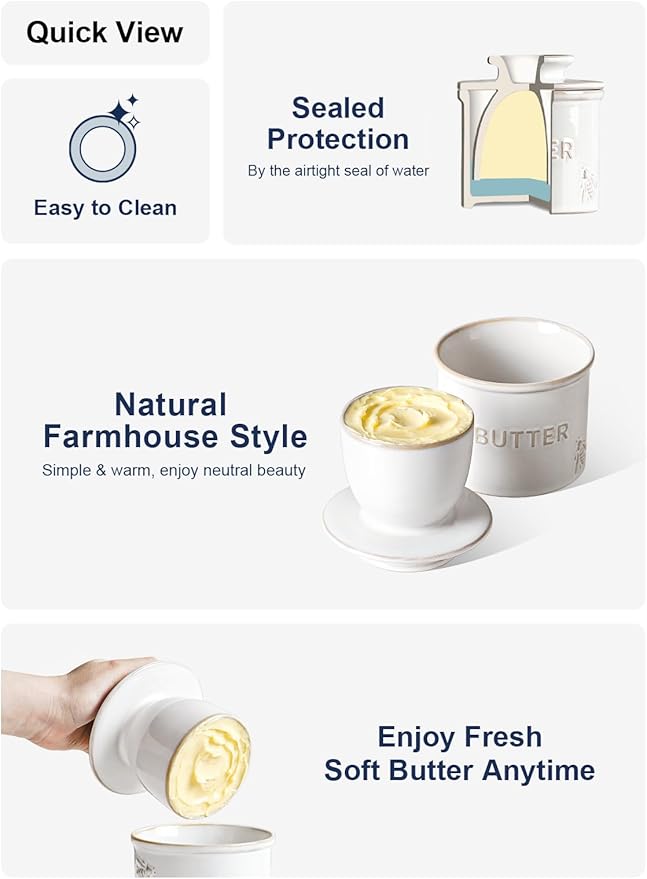 LE TAUCI Butter Crock, Butter Dish with Lid, Butter Container for Counter with Water Line, Embossed French Butter Keeper for Spreadable Butter, Suit For Housewarming - Set of 1, Arctic White, Bee