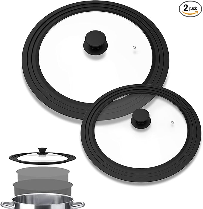 Universal Lid, Tempered Pan Lid with Heat Resistant Silicone Rim, Fits All 6" to 12" Diameter Cookware, Pots, Pans and Skillets (2PK)
