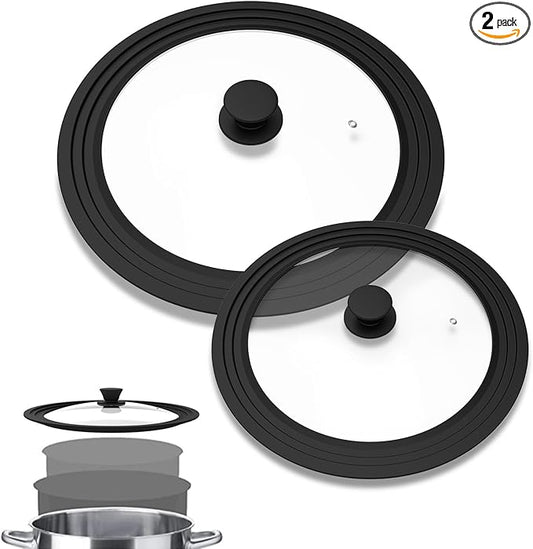 Universal Lid, Tempered Pan Lid with Heat Resistant Silicone Rim, Fits All 6" to 12" Diameter Cookware, Pots, Pans and Skillets (2PK)