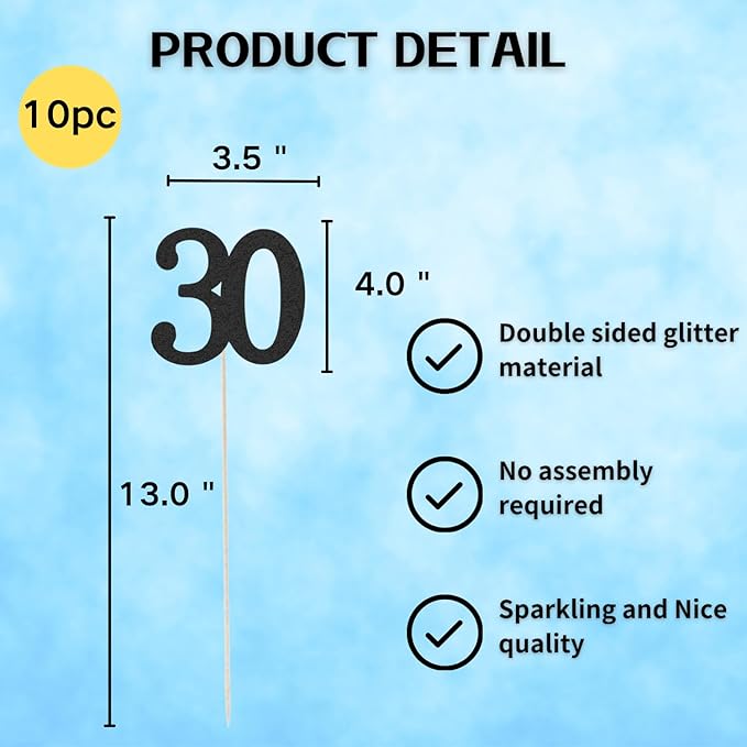 10-Pack Double Sided Glitter 30th Birthday Centerpiece Anniversary Centerpiece Sticks, Number 30 Table Topper Cake Topper for 30th Birthday Anniversary Table Party Decorations (Double Sided black)