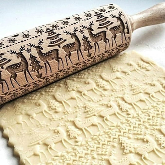Christmas Wooden Rolling Pin for Baking Engraved Embossing Rolling Pin Cookie Stamps Roller Square Grid Cookies Mold Kitchen Decor Tools for Baking Embossed Cookies (Elk)