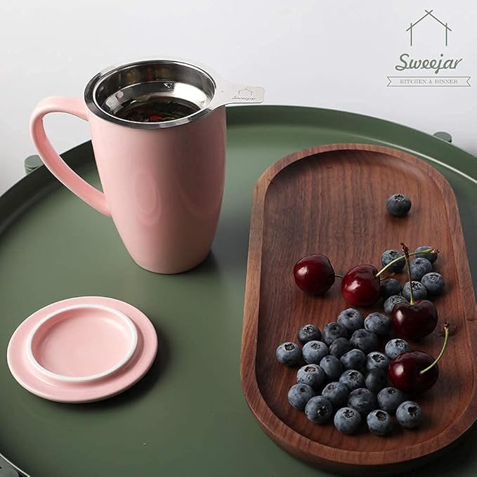 Sweejar Porcelain Tea Infuser Cup with Lid, 16 oz Tea Cup with Strainers for Loose Leaf Tea, Microwave and Dishwasher Safe Coffee Mug, Tea Steeping Mug for Tea Drinkers,Christmas Gift (Pink)