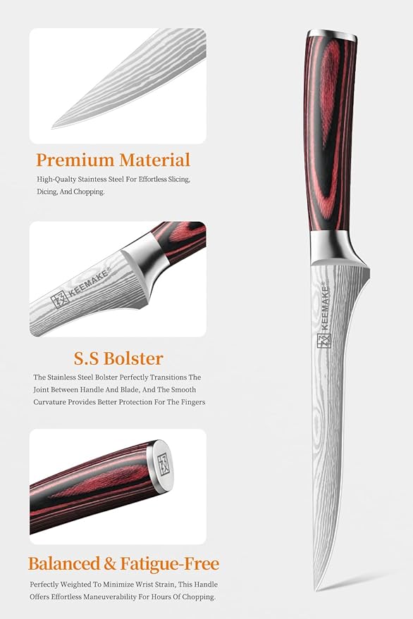 KEEMAKE Boning Knife 6 Inch - Super Sharp High Carbon Stainless Steel Fillet Knife for Meat, Fish & Poultry with Ergonomic Handle, w/Sheath - Ideal Gift for Chefs