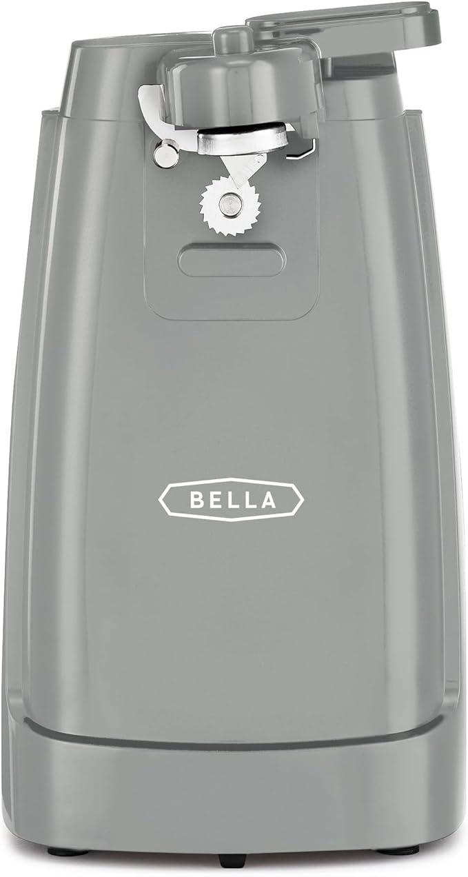 BELLA Electric Can Opener and Knife Sharpener, Multifunctional Jar and Bottle Opener with Removable Cutting Lever and Cord Storage, Stainless Steel Blade, Gray