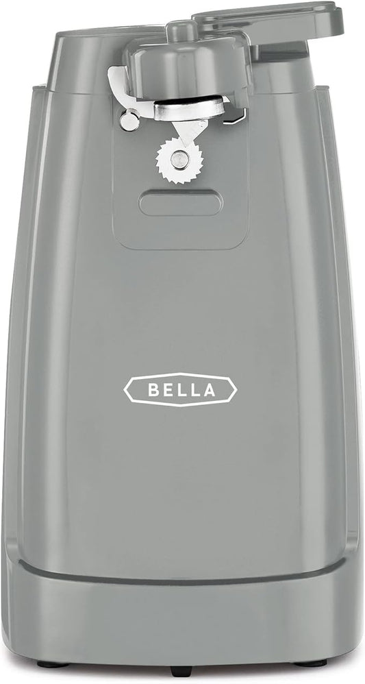 BELLA Electric Can Opener and Knife Sharpener, Multifunctional Jar and Bottle Opener with Removable Cutting Lever and Cord Storage, Stainless Steel Blade, Gray