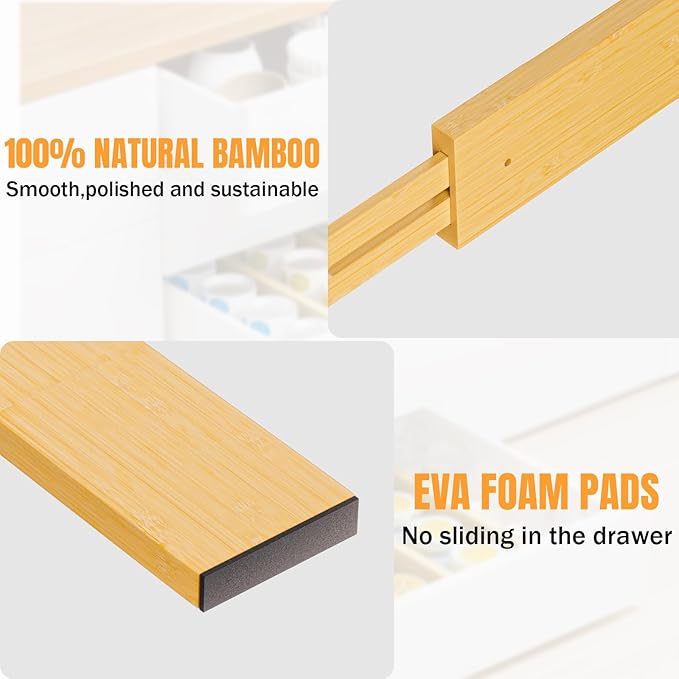 BAMBUROBA Bamboo Drawer Dividers, Adjustable Expandable Drawer Organization Separators - 17-22" for Bedroom, Bathroom, Dresser and Office - 8-Pack