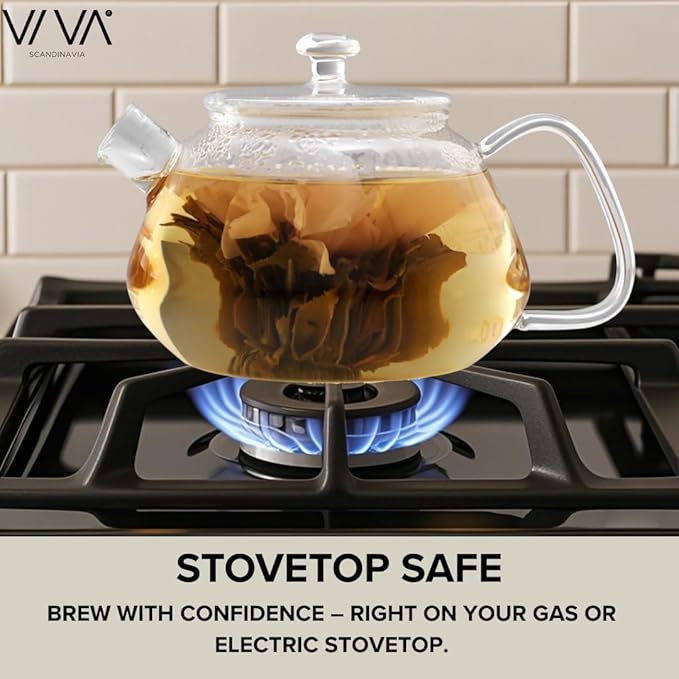 Viva Nicola All Borosilicate Glass Teapot with Tea Included, Lid, with Removable Infuser for Loose Leaf Tea - No Metal Or Plastic for The Perfect Brew, 25oz Tea Maker, Stove Top Safe, No Drip Spout