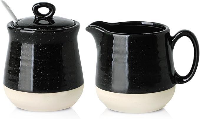 Hasense Sugar and Creamer Set, 3 Piece Porcelain Coffee Serving Set with Cream Pitcher, Sugar Bowl, Lid & Spoon, 10 Ounce Creamer Container and Sugar Pot, Farmhouse Decor (Black)