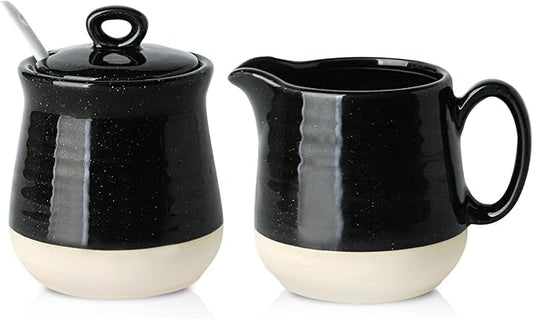 Hasense Sugar and Creamer Set, 3 Piece Porcelain Coffee Serving Set with Cream Pitcher, Sugar Bowl, Lid & Spoon, 10 Ounce Creamer Container and Sugar Pot, Farmhouse Decor (Black)