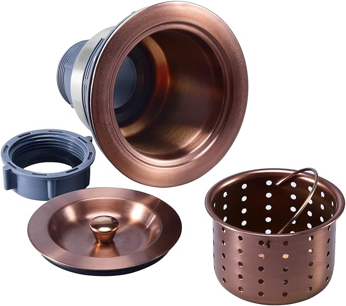 KONE 3/1-2 Inch Sink Drain Assembly Antique Copper Kitchen Sink Drain Kit Copper Stainless Steel Sink Basket Strainer Rubber Stopper, Sealing Lid/Removable Deep Waste Basket for Home, Kitchen