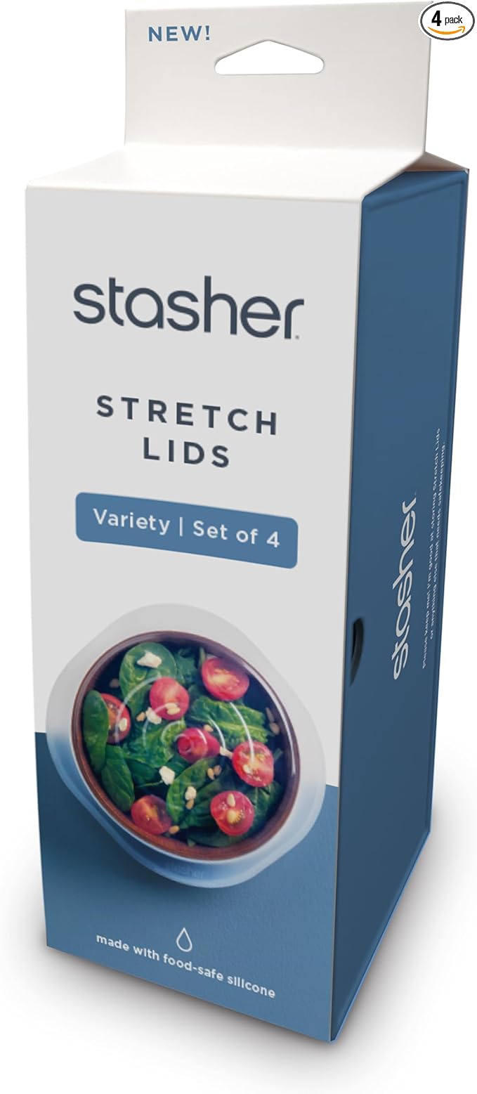 Stasher Premium Reusable Silicone Stretch Lids Variety 4-Pack, Clear, 9”, 6.5”, 4.5”, 2.5”, Airtight Seal, Food Container Covers, BPA Free, Leak-free, Dishwasher Safe, Microwave Safe, Eco-Friendly