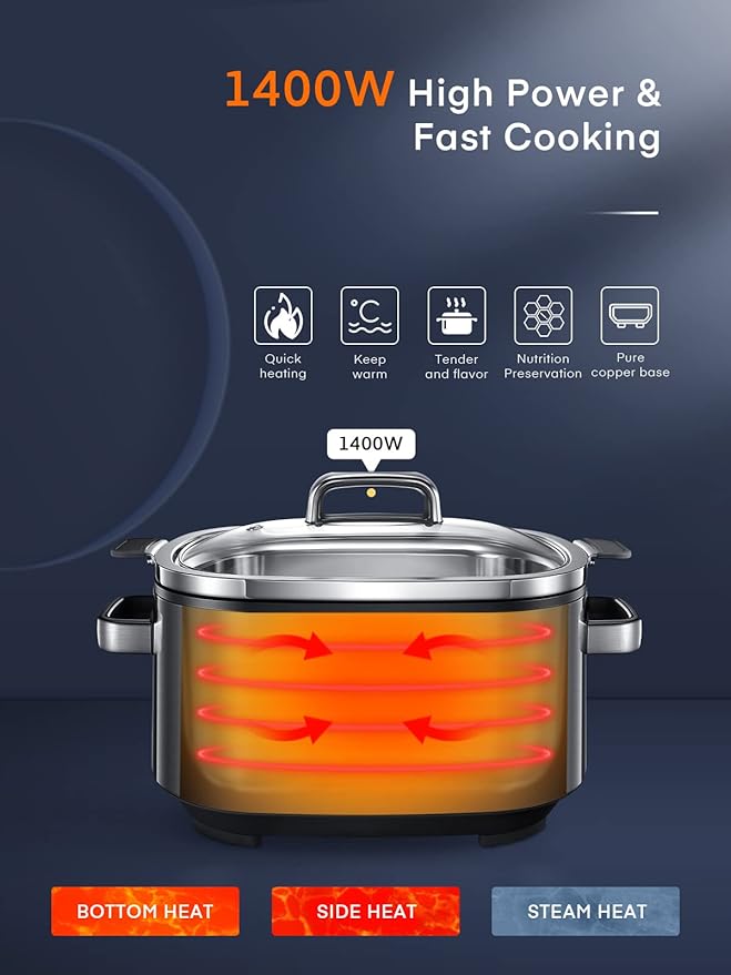 HOUSNAT Slow Cooker, 10 in 1 Programmable Pressure Cooker, 304 Stainless Steel Rice Cookers, Yogurt Maker, 6 QT Sous Vide, Delay Start, Adjustable Temp& Digital Time for Large Families or Entertaining