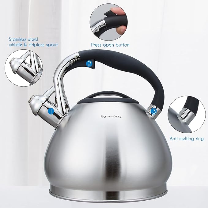 Easyworkz Whistling Stovetop Tea Kettle Food Grade Stainless Steel Hot Water Tea Pot With Loud Whistle, 2.4 Quart(2.3l)